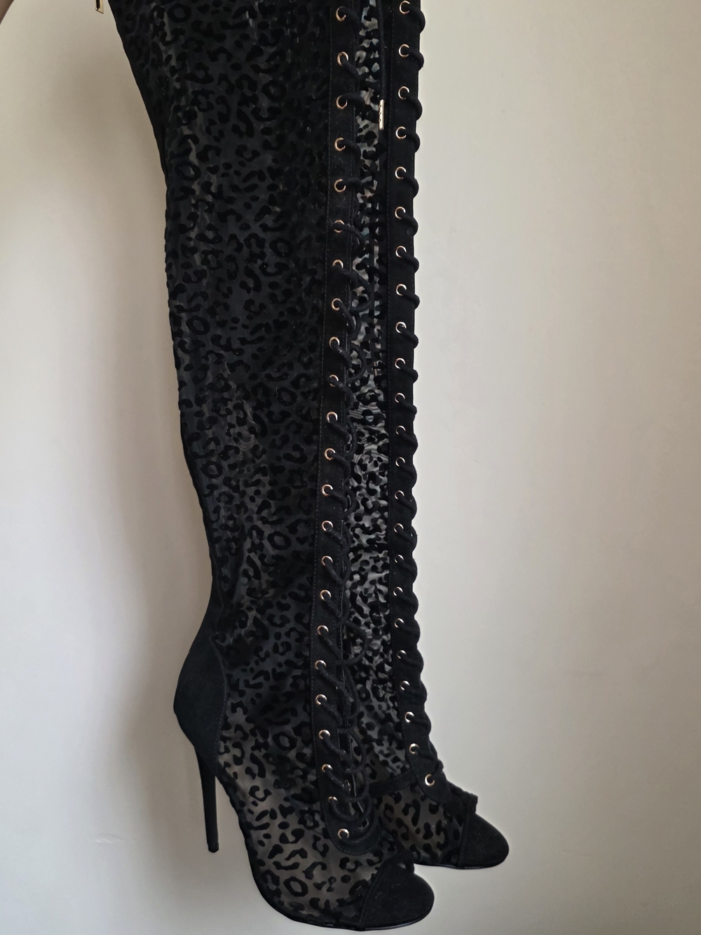 Black Over-the-Knee Lace-Up Stiletto Boots